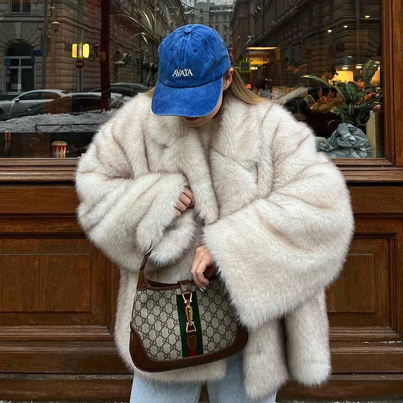 Oversized Fur Coat Lapel Collar Fluffy Winter Overcoat for Women