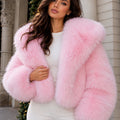 Pink Cropped Faux Fur Jacket with Hood Women's Fluffy Outwear