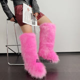 Pink Faux Fur Boots in Knee High Length for Women