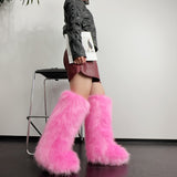 Pink Faux Fur Boots in Knee High Length for Women