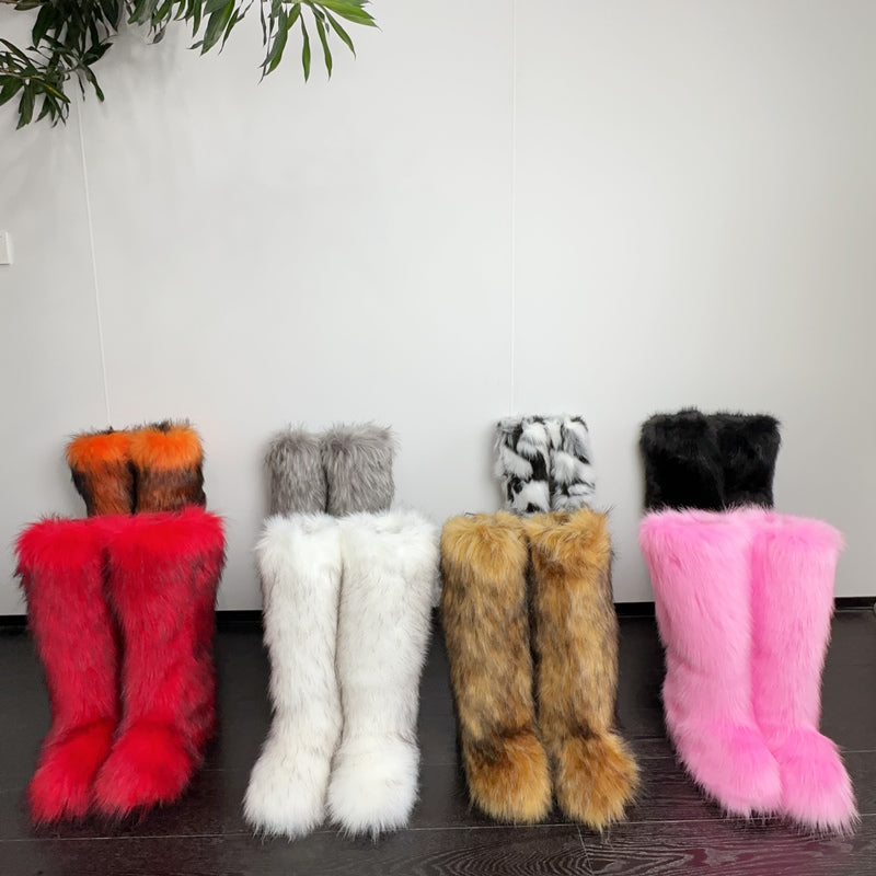Pink Faux Fur Boots in Knee High Length for Women