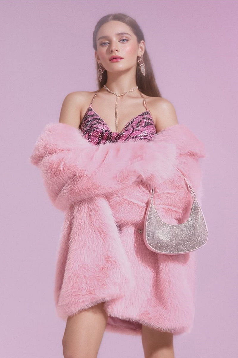 Pink Faux Fur Coat Long Fluffy Jacket for Women