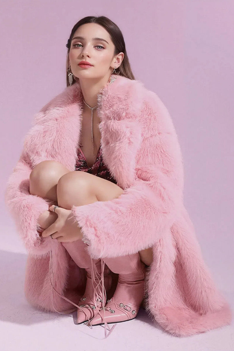Pink Faux Fur Coat Long Fluffy Jacket for Women