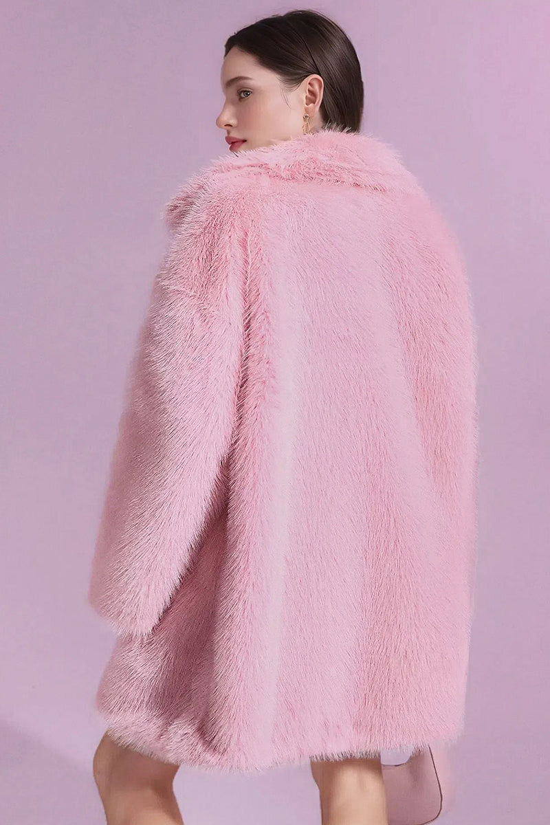 Pink Faux Fur Coat Long Fluffy Jacket for Women