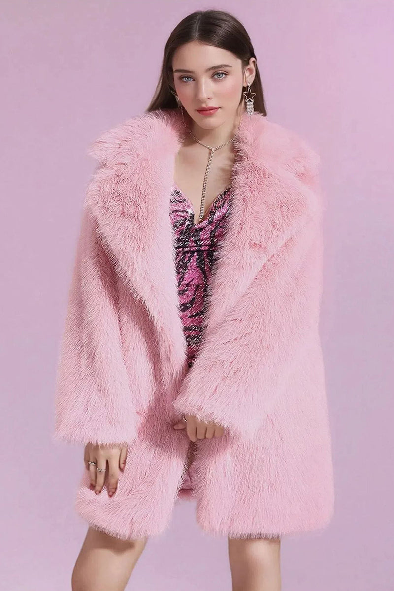 Pink Faux Fur Coat Long Fluffy Jacket for Women
