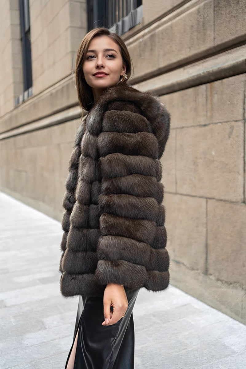 Russian Sable Coat Luxury Hooded Faux Fur Overcoat for Women