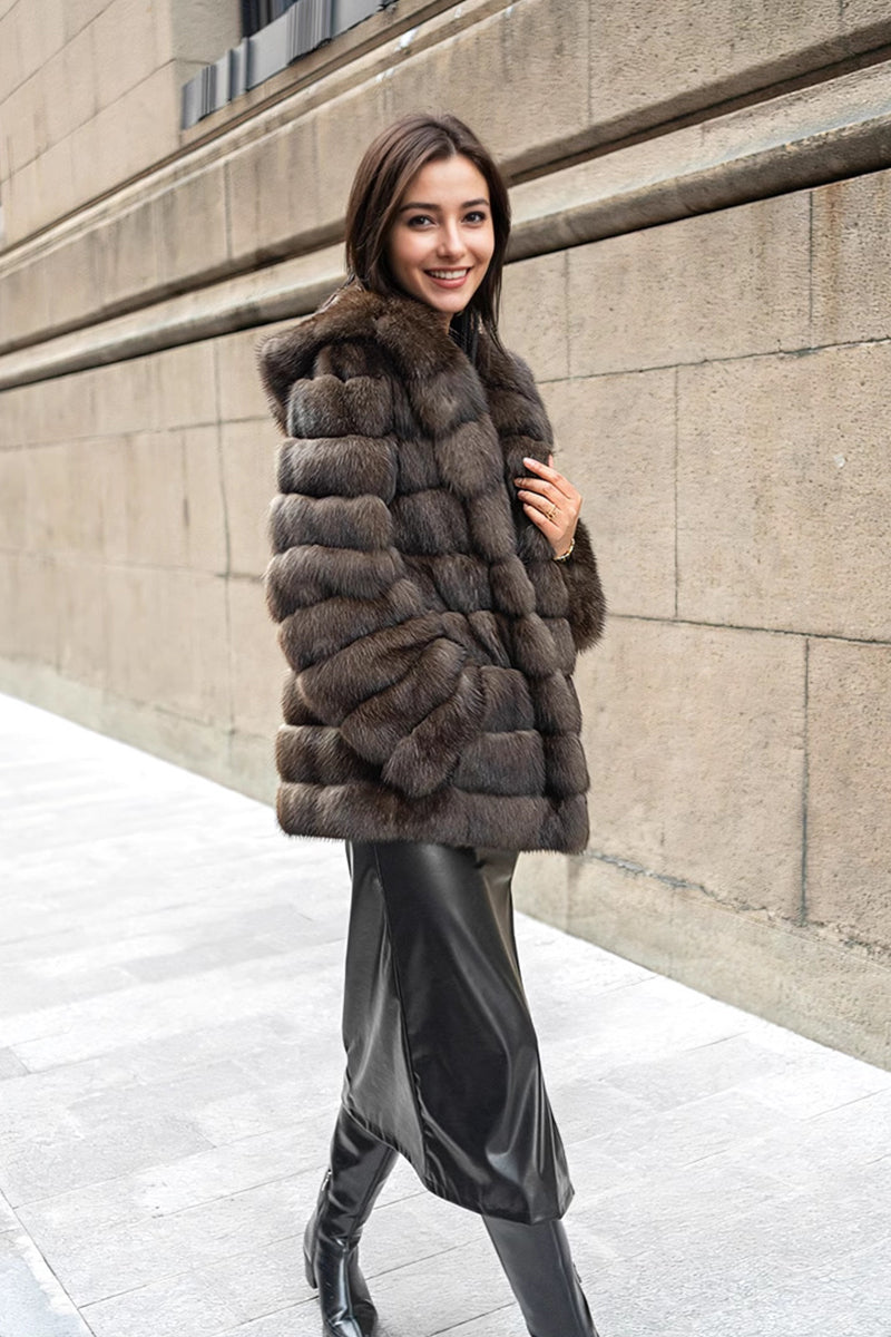 Russian Sable Coat Luxury Hooded Faux Fur Overcoat for Women