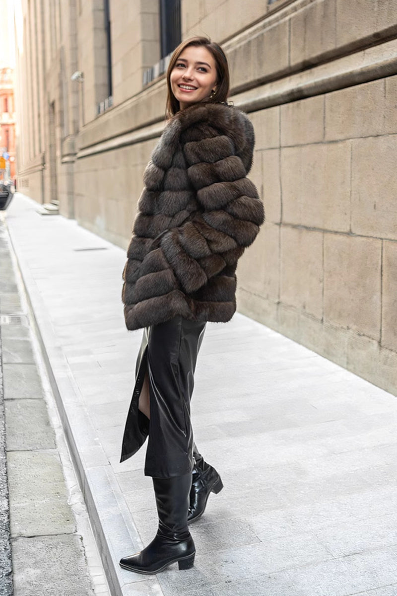 Russian Sable Coat Luxury Hooded Faux Fur Overcoat for Women