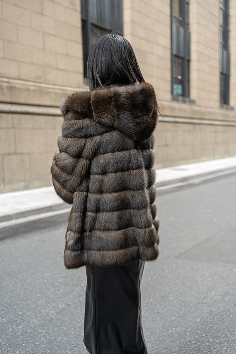 Russian Sable Coat Luxury Hooded Faux Fur Overcoat for Women