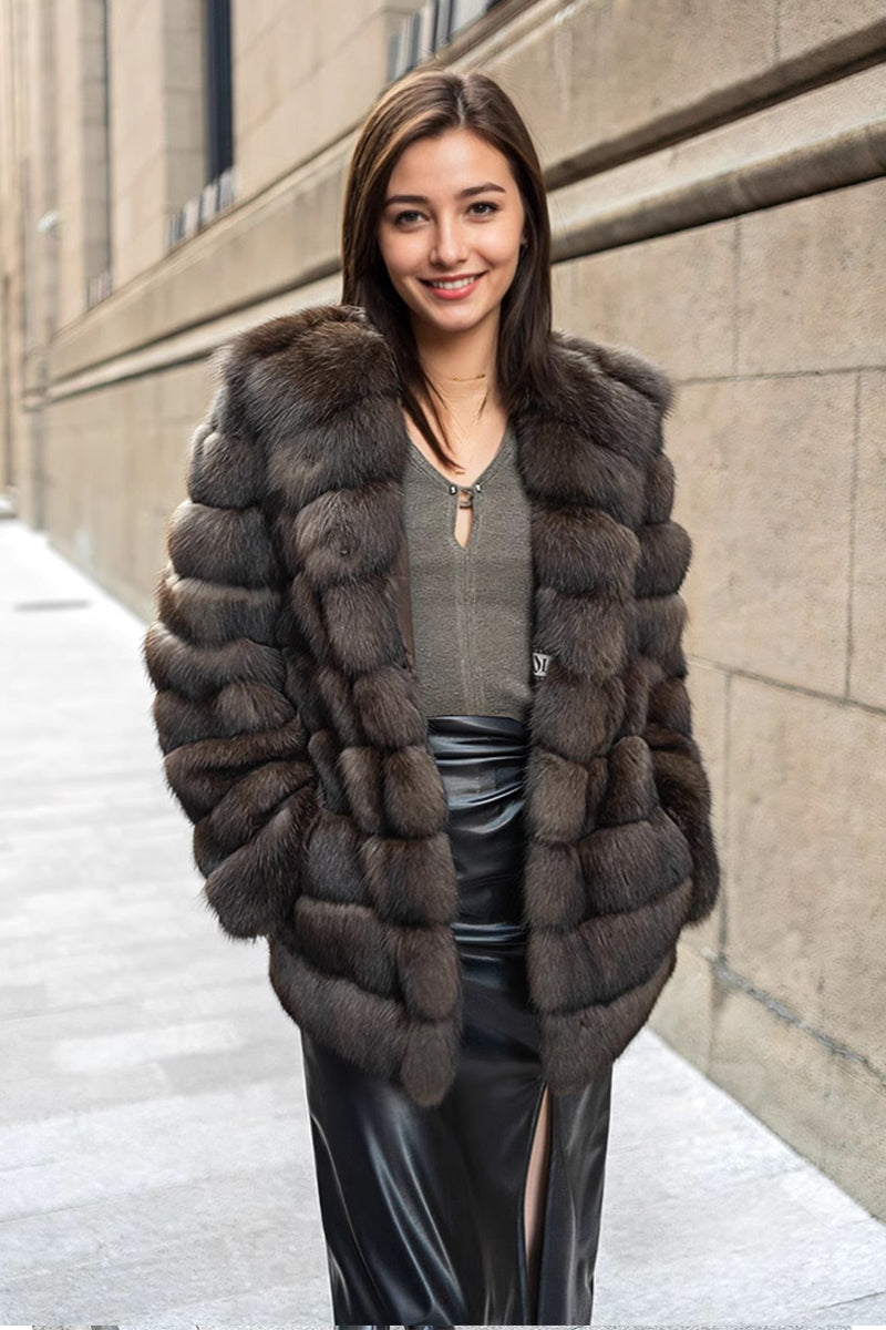 Russian Sable Coat Luxury Hooded Faux Fur Overcoat for Women