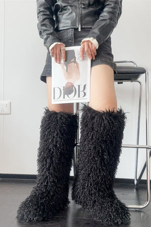 shaggy faux fur boots in knee high length for women in black 6 Alicefurs