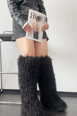 shaggy faux fur boots in knee high length for women in black 9 Alicefurs