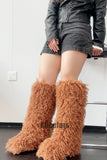 Shaggy Faux Fur Boots in Knee High Length for Women