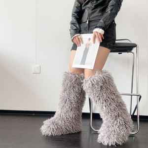 shaggy faux fur boots in knee high length for women in gray 1_2b9e6537 03b4 4e8b b3a4 02b35ddee426 Alicefurs