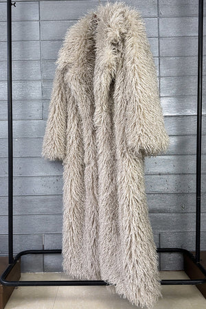 shaggy faux fur coat full length lamb overcoat for women in beige 1 Alicefurs
