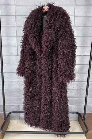 shaggy faux fur coat full length lamb overcoat for women in burgundy 1 Alicefurs