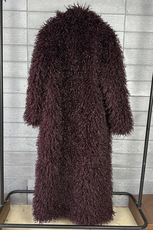 shaggy faux fur coat full length lamb overcoat for women in burgundy 2 Alicefurs