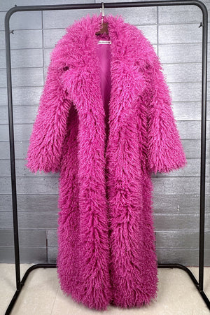 shaggy faux fur coat full length lamb overcoat for women in fuchsia Alicefurs