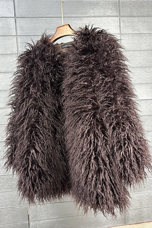 shaggy faux fur coat womens mongolian jacket in chocolate brown 1 Alicefurs