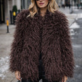 shaggy faux fur coat womens mongolian jacket in chocolate brown 3 Alicefurs