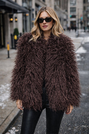 shaggy faux fur coat womens mongolian jacket in chocolate brown 3 Alicefurs