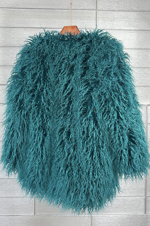 shaggy faux fur coat womens mongolian jacket in dark green 2 Alicefurs