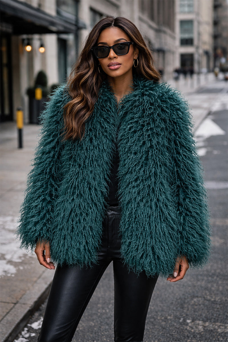 shaggy faux fur coat womens mongolian jacket in dark green 3 Alicefurs
