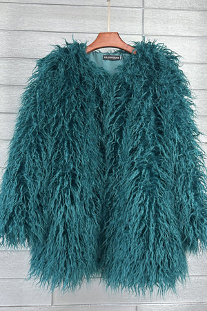 shaggy faux fur coat womens mongolian jacket in dark green Alicefurs