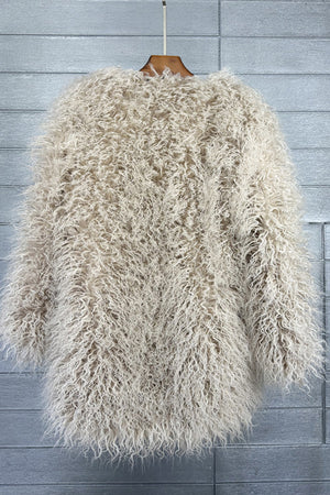 shaggy faux fur coat womens mongolian jacket in khaki 2 Alicefurs