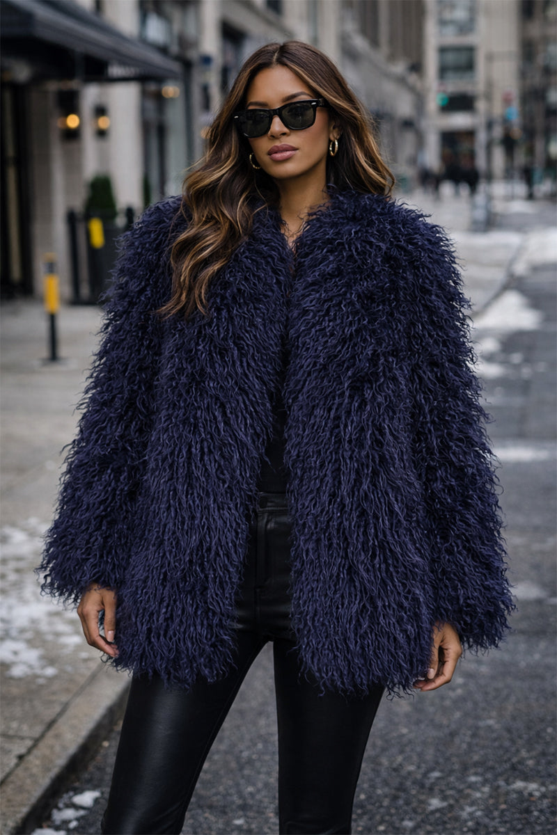 shaggy faux fur coat womens mongolian jacket in navy blue 3 Alicefurs