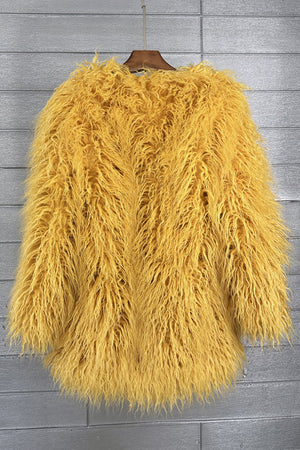 shaggy faux fur coat womens mongolian jacket in yellow 2 Alicefurs