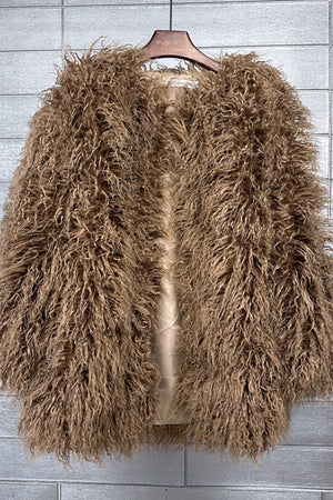 shaggy faux fur jacket ladies fluffy winter outerwear in chocolate brown Alicefurs
