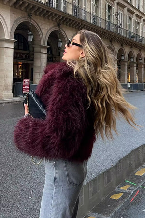 shaggy faux fur jacket mongolian cropped coat for women in burgundy 3 Alicefurs