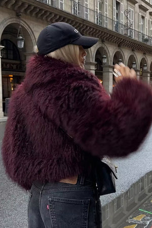 shaggy faux fur jacket mongolian cropped coat for women in burgundy 4 Alicefurs