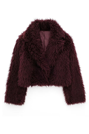 shaggy faux fur jacket mongolian cropped coat for women in burgundy 5 Alicefurs