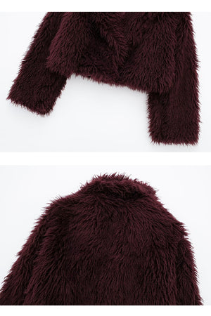 shaggy faux fur jacket mongolian cropped coat for women in burgundy 8 Alicefurs