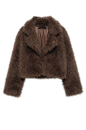 shaggy faux fur jacket mongolian cropped coat for women in coffee brown Alicefurs