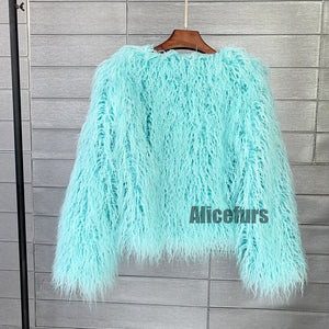 shaggy faux fur jacket short fluffy mongolian overcoat for women in arctic blue 1 Alicefurs