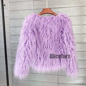 shaggy faux fur jacket short fluffy mongolian overcoat for women in lavender 1 Alicefurs