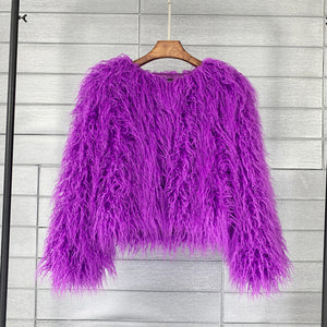 shaggy faux fur jacket short fluffy mongolian overcoat for women in purple Alicefurs