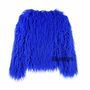 shaggy faux fur jacket short fluffy mongolian overcoat for women in royal blue 1 Alicefurs