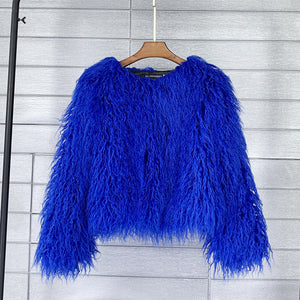 shaggy faux fur jacket short fluffy mongolian overcoat for women in royal blue Alicefurs