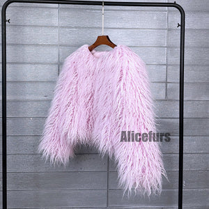 shaggy faux fur jacket short fluffy mongolian overcoat for women in sakura pink 1 Alicefurs