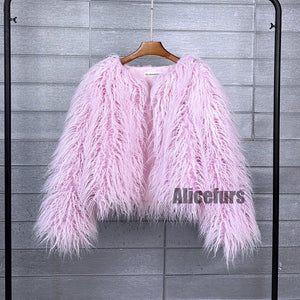 shaggy faux fur jacket short fluffy mongolian overcoat for women in sakura pink Alicefurs