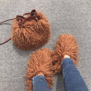 shaggy faux fur slippers and bucket bag set for women in brown Alicefurs