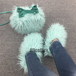 shaggy faux fur slippers and bucket bag set for women in mint green Alicefurs