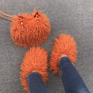 shaggy faux fur slippers and bucket bag set for women in orange Alicefurs
