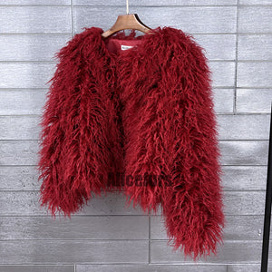 shaggy mongolian faux fur jacket for women in burgundy 1 Alicefurs