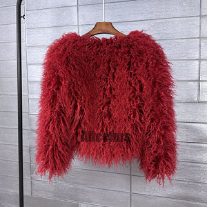 shaggy mongolian faux fur jacket for women in burgundy 2 Alicefurs