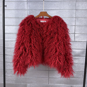 shaggy mongolian faux fur jacket for women in burgundy Alicefurs